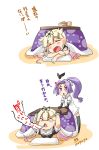  &gt;_&lt; 2girls black_gloves bow comic elbow_gloves gloves hair_bow hair_ornament hair_ribbon hairclip hatsuharu_(kantai_collection) headgear highres imu_sanjo kantai_collection kotatsu light_brown_hair long_hair lying multiple_girls on_stomach open_mouth purple_hair ribbon school_uniform serafuku smile table tears translated triangle_mouth violet_eyes yuudachi_(kantai_collection) 