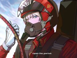  1boy blonde_hair blue_eyes char_aznable cockpit commentary_request gloves gundam gundam_gquuuuuux halcyon_(gugfuggugfug) helmet highres jacket male_focus mask military_uniform pilot pilot_helmet short_hair sky solo 