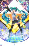  1girl arm_up armpits blush boots burenai_ai_de(vocaloid) detached_sleeves floating_hair hand_on_hip hatsune_miku head_tilt headset highres long_hair nail_polish necktie open_mouth outstretched_arm skirt solo thigh-highs thigh_boots twintails very_long_hair vocaloid 