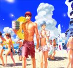  2boys beach bikini blue_hair clouds drink food highres holding holding_hands innertube jewelry kagami_taiga kuroko_no_basuke kuroko_tetsuya multiple_boys necklace okada_(okada_zari) redhead short_hair swimsuit tagme 