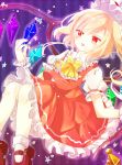  1girl :d blonde_hair bow flandre_scarlet hat hat_removed headwear_removed mary_janes mob_cap mokyuko open_mouth orange_eyes pantyhose shoes side_ponytail smile solo touhou white_legwear wings wrist_cuffs 