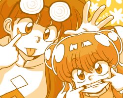  1boy 1girl coke-bottle_glasses commentary_request double_bun eyewear_on_head glasses hair_bun long_hair looking_at_viewer making_faces monochrome mousse_(ranma_1/2) ranma_1/2 shampoo_(ranma_1/2) sidelocks signature tongue tongue_out wanta_(futoshi) 