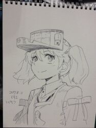  1girl commentary dated ikusotsu japanese_clothes kantai_collection kariginu magatama monochrome pen_(medium) photo_(medium) portrait ribbon-trimmed_sleeves ribbon_trim ryuujou_(kancolle) signature smile solo traditional_media twintails visor_cap 