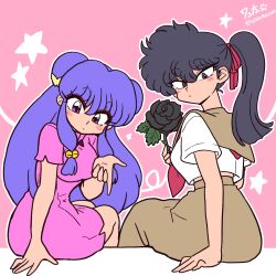  2girls artist_name bell black_flower black_hair black_rose blush commentary_request dress flower hair_bell hair_ornament hair_ribbon holding holding_flower kunou_kodachi long_hair multiple_girls pink_background pink_dress ponytail purple_hair ranma_1/2 red_ribbon ribbon rose school_uniform serafuku shampoo_(ranma_1/2) sidelocks skirt star_(symbol) violet_eyes wanta_(futoshi) 