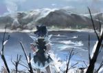  1girl blue_dress blue_hair blue_sky bow cirno dress hair_bow hands_on_hips ice ice_wings ichiba_youichi lake mountain puffy_short_sleeves puffy_sleeves shirt short_sleeves sky solo touhou wings 