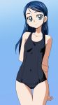 1girl blue_background blue_eyes blue_hair long_hair manji_(tenketsu) minazuki_karen precure school_swimsuit solo swimsuit yes!_precure_5 