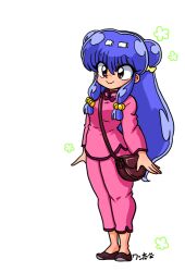  1girl bag bow chinese_clothes commentary_request double_bun hair_bow hair_bun long_hair pants pink_pants purple_hair ranma_1/2 shampoo_(ranma_1/2) shoulder_bag sidelocks simple_background smile violet_eyes wanta_(futoshi) white_background yellow_bow 