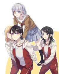  4girls :3 bang_dream! bang_dream!_it's_mygo!!!!! black_hair black_socks blonde_hair blue_eyes blush brown_shirt carrying carrying_person closed_eyes closed_mouth commentary doki_(oox3o) grey_skirt hair_between_eyes hanasakigawa_school_uniform heterochromia highres jacket kaname_raana kibasen kneehighs lineart long_hair medium_hair misumi_uika multiple_girls no_shoes open_mouth pants plaid_clothes plaid_skirt pleated_skirt red_jacket red_pants red_ribbon ribbon sailor_collar school_uniform serafuku shiina_taki shirt skirt socks track_suit violet_eyes white_hair white_sailor_collar white_shirt yahata_umiri yellow_eyes 