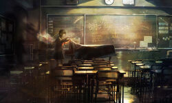  1girl absurdres black_hair black_serafuku black_shirt black_skirt board_eraser bulletin_board cabinet chair chalkboard classroom clock commentary_request desk fake_wings file_cabinet grand_piano highres indoors instrument light_particles long_sleeves medium_hair music_stand neckerchief original piano pleated_skirt profile red_neckerchief sakura_inu_(itoyatomo) scenery school_chair school_desk school_uniform serafuku shirt skirt solo standing stool table vase wall_clock wide_shot wings wooden_floor 
