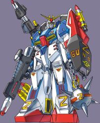  1970s_(style) 1980s_(style) aeug ball_and_chain_(weapon) beam_cannon beam_rifle chain character_name commentary_request emblem energy_gun funbolt gundam holding holding_weapon logo looking_at_viewer mecha mecha_focus missile mobile_suit no_humans original parody redesign retro_artstyle robot rocket science_fiction shield shoulder_cannon solo spiked_ball_and_chain style_parody super_robot v-fin weapon yellow_eyes zeta_gundam zeta_gundam_(mobile_suit) 