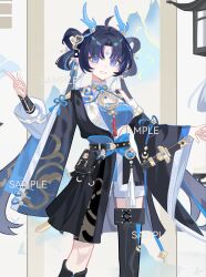  1girl ahoge black_hair blue_eyes boots breasts candlestand chinese_clothes dragon_horns eastern_dragon_horns facial_mark forehead_mark hair_rings highres horns huadian huaqiao_sims long_sleeves looking_at_viewer original shuangyaji smile solo sword thigh-highs weapon 