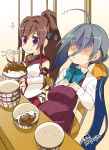  2girls @_@ ahoge belly brown_hair detached_sleeves eating full gyuudon hair_ribbon hands_on_stomach headgear highres imu_sanjo kantai_collection kiyoshimo_(kantai_collection) long_hair low_twintails multiple_girls o3o pleated_skirt ponytail ribbon rice_bowl school_uniform silver_hair sitting skirt smile sparkle twintails violet_eyes yamato_(kantai_collection) 
