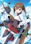  1girl absurdres airplane ayuya_naka_no_hito bike_shorts blue_sky bow_(weapon) brown_eyes brown_hair crossbow gochou_(atemonai_heya) hakama_skirt headband headgear highres kantai_collection long_sleeves looking_at_viewer machinery military military_uniform ocean open_mouth pleated_skirt red_skirt short_hair skirt sky solo taihou_(kantai_collection) thigh-highs uniform weapon 