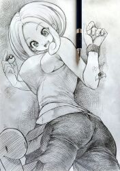  1girl ass breasts butterfly_net camera capri_pants commentary_request hand_net holding holding_camera large_breasts monochrome open_mouth pants pokemon pokemon_(creature) pokemon_xy shirt short_hair shuckle sketch sleeveless sleeveless_shirt smile tank_top viola_(pokemon) wristband yoshikage_(yo4kage) 