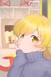  1girl absurdres blonde_hair bunoshii commentary_request hand_on_own_face highres long_hair long_sleeves looking_at_viewer monogatari_(series) oshino_shinobu solo sweater vampire yellow_eyes 