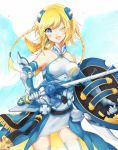  1girl bare_shoulders blonde_hair blue_eyes blue_valkyrie_(p&amp;d) braid hsiao one_eye_closed puzzle_&amp;_dragons shield solo sword thigh-highs valkyrie_(p&amp;d) weapon wings zettai_ryouiki 