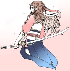  1girl aquam0n1ca armor brown_eyes brown_hair fire_emblem fire_emblem_fates hana_(fire_emblem) headband japanese_armor japanese_clothes katana long_hair looking_at_viewer samurai solo sword weapon white_armor white_headband 