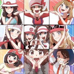  6+girls :d artist_name baseball_cap black_hair blonde_hair blue_eyes blush breasts brown_hair close-up closed_mouth collared_shirt commentary_request dawn_(pokemon) double_bun everyone finger_heart gloria_(pokemon) grin hair_bun hand_up hat heart heart_formation heart_hands heart_hands_duo heart_trace highres hilda_(pokemon) juliana_(pokemon) leaf_(pokemon) looking_at_viewer lyra_(pokemon) may_(pokemon) mega_ring mikka_tsukiyo multiple_girls naranja_academy_school_uniform necktie open_mouth poke_ball_print pokemon pokemon_bw pokemon_bw2 pokemon_dppt pokemon_frlg pokemon_hgss pokemon_oras pokemon_sm pokemon_sv pokemon_swsh pokemon_xy poketch red_necktie rosa_(pokemon) school_uniform selene_(pokemon) serena_(pokemon) shirt smile symmetrical_hand_pose symmetrical_pose twitter_username v watch white_hat white_shirt wristband xtransceiver z-move_trainer_pose z-ring 