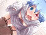  black_legwear blue_eyes blue_hair blush breasts cleavage_cutout downblouse futatsuki_hisame garter_straps heterochromia looking_at_viewer open-chest_sweater open_mouth oversized_clothes red_eyes ribbed_sweater short_hair solo sweater tatara_kogasa thigh-highs touhou turtleneck 