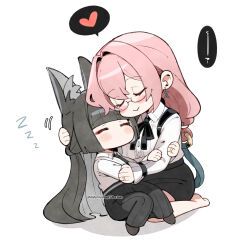  2girls animal_ears black_hair blush chibi closed_eyes closed_mouth dailymiyanagi earrings fox_ears fox_girl heart highres hoshimi_miyabi hug jewelry long_hair multiple_girls pink_hair ring shirt simple_background sitting sleeping smile tsukishiro_yanagi wedding_ring white_background white_shirt wife_and_wife zenless_zone_zero 