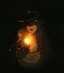  1boy 1other black_gloves black_hair black_hat chain cigarette coat dark earrings fingerless_gloves fire gakuran gloves green_eyes grey_shirt hat hat_over_one_eye high_collar holding holding_lighter jewelry jojo_no_kimyou_na_bouken kujo_jotaro lighter looking_at_viewer male_focus mouth_hold muted_color og_man open_clothes open_coat peaked_cap school_uniform shirt smoking solo star_platinum stardust_crusaders stud_earrings upper_body 