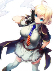  1girl ahoge american_flag american_flag_neckwear american_flag_print arm_up asymmetrical_gloves belt black_jacket blonde_hair blue_eyes breasts closed_mouth collared_shirt commentary dress_shirt english_commentary feet_out_of_frame flag_print girls_frontline gloves gun handgun highres holding holding_gun holding_weapon jacket large_breasts m1911 m1911_(girls'_frontline) mismatched_gloves necktie open_clothes open_jacket print_necktie shirt shoes short_hair signature simple_background skirt smoke smoking_barrel solo standing thigh-highs wangpo weapon white_background white_shirt white_skirt white_thighhighs zettai_ryouiki 