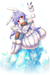  ahoge bare_shoulders blue_hair blue_thighhighs boots brown_gloves clothing_cutout commentary_request dress fur-trimmed_dress fur_trim gloves hat highres hugging_own_legs ice low_twintails monster_girl monster_musume_td rabbit_ear_headwear red_eyes shoulder_cutout striped_clothes striped_thighhighs suno_(monmusu_td) suou_sakura thigh-highs twintails white_background white_boots white_dress white_hat 