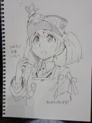  1girl bug butterfly butterfly_on_hat commentary_request dated ikusotsu japanese_clothes kantai_collection kariginu looking_up magatama monochrome pen_(medium) photo_(medium) ribbon-trimmed_sleeves ribbon_trim ryuujou_(kancolle) signature solo traditional_media translation_request twintails upper_body visor_cap 