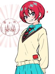  1girl amate_yuzuriha collared_shirt commentary green_shirt grin gundam gundam_gquuuuuux heart highres ichimisan looking_at_viewer necktie pleated_skirt red_hair school_uniform shirt short_hair skirt smile striped_clothes striped_necktie sweater 