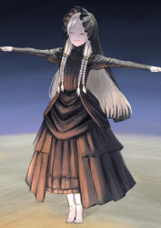  1girl black_dress blonde_hair closed_eyes commentary_request dress elden_ring elden_ring_nightreign full_body highres long_hair revenant_(elden_ring) solo t-pose tiptoes triangle_del 