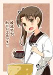  1girl :d apron ayanami_(kantai_collection) bow brown_eyes brown_hair cooking hair_bow hair_ribbon highres holding imu_sanjo kantai_collection ladle long_hair looking_at_viewer open_mouth ribbon school_uniform serafuku side_ponytail smile solo translation_request 