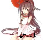  1girl bare_shoulders between_thighs brown_eyes brown_hair headgear highres kantai_collection long_hair looking_at_viewer nao_(qqqbb) oriental_umbrella pleated_skirt pout sitting skirt umbrella v_arms very_long_hair white_background yamato_(kantai_collection) 