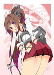 1girl adjusting_clothes ass brown_hair detached_sleeves glasses highres imu_sanjo kantai_collection long_hair looking_at_viewer open_mouth pleated_skirt ponytail skirt solo violet_eyes yamato_(kantai_collection) 
