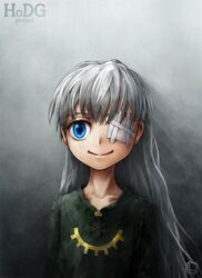  1girl blue_eyes eyepatch grey_hair limfoman long_hair original 