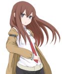  1girl azu_(azusayumix) belt blush brown_hair bust collared_shirt dress_shirt grey_eyes hair_between_eyes jacket long_hair looking_at_viewer makise_kurisu necktie parted_lips shirt simple_background solo steins;gate white_background 