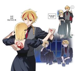  1boy 1girl ahoge blonde_hair blue_eyes braid braided_ponytail clzlckzk_1203 command_spell commentary_request dancing dress fate/strange_fake fate_(series) glasses hetero highres jacket jacket_on_shoulders korean_commentary korean_text long_hair medium_hair multicolored_hair multiple_views necktie open_mouth pants red_eyes red_streaks richard_i_(fate) sajou_ayaka_(fate/strange_fake) shirt side_braid single_braid sitting smile speech_bubble streaked_hair translation_request vest 