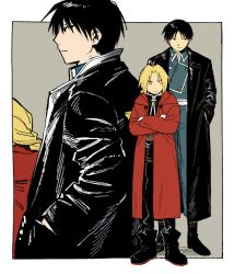  2boys amestris_military_uniform black_coat black_hair black_pants black_shirt black_shoes blonde_hair blue_pants blue_shirt border braid closed_mouth coat edward_elric full_body fullmetal_alchemist highres hood hooded_coat jitome looking_at_another looking_to_the_side ls182_520 male_focus multiple_boys open_clothes open_coat pants parted_bangs profile red_coat roy_mustang shirt shoes short_hair sideways_glance standing white_border white_trim yellow_eyes 