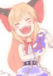  1girl :d ^_^ closed_eyes gourd horns ibuki_suika itsuki_(kisaragi) oni open_mouth sharp_teeth smile touhou 