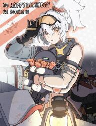  1girl bangboo_(zenless_zone_zero) black_gloves commentary_request gloves goggles grey_hair grey_sleeves happy_birthday highres looking_at_viewer magus_(zenless_zone_zero) netsu_0716 orange_eyes orange_visor original parted_lips ponytail soldier_11_(zenless_zone_zero) tinted_eyewear upper_body zenless_zone_zero 
