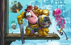  1boy alt_text armor blue_background burger cable commentary english_commentary english_text fish_hook food fruit hammer hat helmet holding holding_hammer holding_saw jellyfish_(spongebob) kneeling looking_at_another male_focus outdoors patrick_star pineapple plank power_armor raised_eyebrow red_hat red_helmet relithel saw servitor snow spongebob_squarepants_(series) tongue tongue_out v-shaped_eyebrows warhammer_40k 
