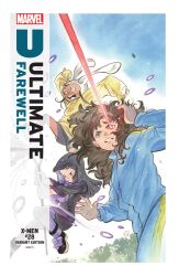  3girls absurdres animal_ears artist_name black_hair black_nails black_robe black_shorts blue_background blue_track_suit boots border bow bowtie brown_hair comic_cover commentary_request company_name copyright_name cover cover_page dark-skinned_female dark_skin english_text floating goth_fashion gradient_background grey_eyes grey_shoes hand_on_own_head highres holding holding_magnifying_glass holding_staff holding_wand hood hoodie jewelry laser laser_sight long_hair magnifying_glass marvel mori_(marvel) multiple_girls nail_polish natsu_tsukishima nico_minoru numbered official_art open_mouth pantyhose peach_momoko plaid_bow plaid_bowtie plaid_clothes purple_bow purple_bowtie purple_pantyhose purple_robe rabbit_ear_headwear rabbit_ears robe school_uniform shoes shorts signature sneakers staff striped_clothes track_suit traditional_media tree two-tone_robe two-tone_track_suit ultimate_x-men_(2024) wand white_background white_border white_shoes wind x-men yellow_hoodie yellow_track_suit 