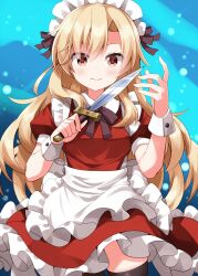  1girl apron black_thighhighs blonde_hair blue_background bow bowtie brown_bow brown_bowtie commentary_request cowboy_shot dress frilled_dress frills highres holding holding_knife knife long_hair maid maid_headdress puffy_short_sleeves puffy_sleeves red_dress red_eyes ruu_(tksymkw) short_sleeves solo thigh-highs touhou touhou_(pc-98) white_apron wrist_cuffs yumeko_(touhou) 