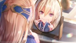  1girl blonde_hair blurry blurry_foreground closed_mouth commentary copyright_name copyright_notice depth_of_field english_commentary eyelashes eyes_visible_through_hair finger_to_cheek hair_between_eyes hair_ornament hands_up heaven_burns_red highres index_fingers_raised indoors long_hair looking_at_mirror looking_at_self mirror official_art official_wallpaper pink_eyes portrait reflection shirakawa_yuina smile solo split_mouth straight_hair 