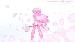  1girl artist_name character_name chinese_clothes chui_(weapon) commentary_request double_bun floral_print flower from_behind hair_bun hair_flower hair_ornament highres holding holding_weapon long_hair pants petals pink_hair pink_pants pink_petals pink_shoes ranma_1/2 shampoo_(ranma_1/2) shoes wanta_(futoshi) weapon 