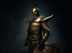  1boy 3d armor black_background blue_pants blue_scarf commentary cowboy_shot english_commentary facing_viewer from_side gold_armor holding holding_polearm holding_weapon laurent_pozzuoli male_focus mohawk ordinator_armor ordinator_guard ordinator_helmet ornate_armor pants pointy_ears polearm red_eyes scarf shield shoulder_armor solo the_elder_scrolls the_elder_scrolls_iii:_morrowind weapon zbrush_(medium) 
