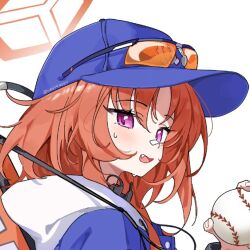  1girl ball baseball_(object) baseball_cap baseball_jersey blue_archive blue_hat commentary dandandanholo eyewear_on_head hair_between_eyes halo hat holding holding_ball jersey long_hair orange-tinted_eyewear orange_hair orange_halo rei_(blue_archive) rocket_launcher simple_background solo sunglasses tinted_eyewear violet_eyes weapon white_background 
