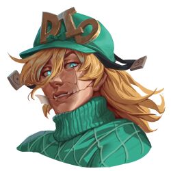  1boy aqua_bow aqua_helmet aqua_sweater argyle_clothes argyle_sweater blonde_hair blue_eyes bow cracked_skin diego_brando english_commentary fangs glowing glowing_eyes hair_between_eyes hat hat_bow helmet highres jojo_no_kimyou_na_bouken lips long_hair looking_at_viewer male_focus portrait scary_monsters_(stand) simple_background slit_pupils solo stand_(jojo) steel_ball_run sweater teeth timo_(timotimo628) turtleneck turtleneck_sweater white_background 