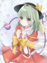  1girl alternate_costume belt black_hat blue_background blush bound bow buttons capelet christmas clenched_hands closed_mouth commentary_request cowboy_shot diamond_button floral_print fur-trimmed_capelet fur-trimmed_skirt fur-trimmed_sleeves fur_trim green_eyes green_hair hair_between_eyes hands_up hat hat_ribbon heart heart_of_string highres komeiji_koishi long_sleeves looking_up mini_hat new_year pom_pom_(clothes) purple_belt red_capelet red_shirt red_skirt ribbon rose_print santa_hat shirt short_hair sidelocks skirt skirt_set snow snowflake_background snowflakes snowing solo standing third_eye tied_up_(nonsexual) touhou wavy_hair wide_sleeves winter yellow_bow yellow_ribbon yogurtkoii 
