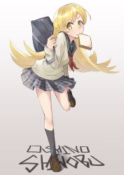  1girl absurdres blonde_hair bread bread_slice bunoshii character_name commentary_request english_text fang food food_in_mouth highres long_hair long_sleeves looking_at_viewer monogatari_(series) mouth_hold oshino_shinobu school_uniform skin_fang skirt solo toast toast_in_mouth vampire yellow_eyes 