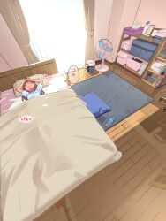  1girl bed bedroom blue_shirt blush bottle brown_eyes brown_hair colored_tips commentary_request electric_fan highres ishii_(isuwie) lying medium_hair multicolored_hair on_bed on_side original shirt short_hair speech_bubble translation_request water_bottle 